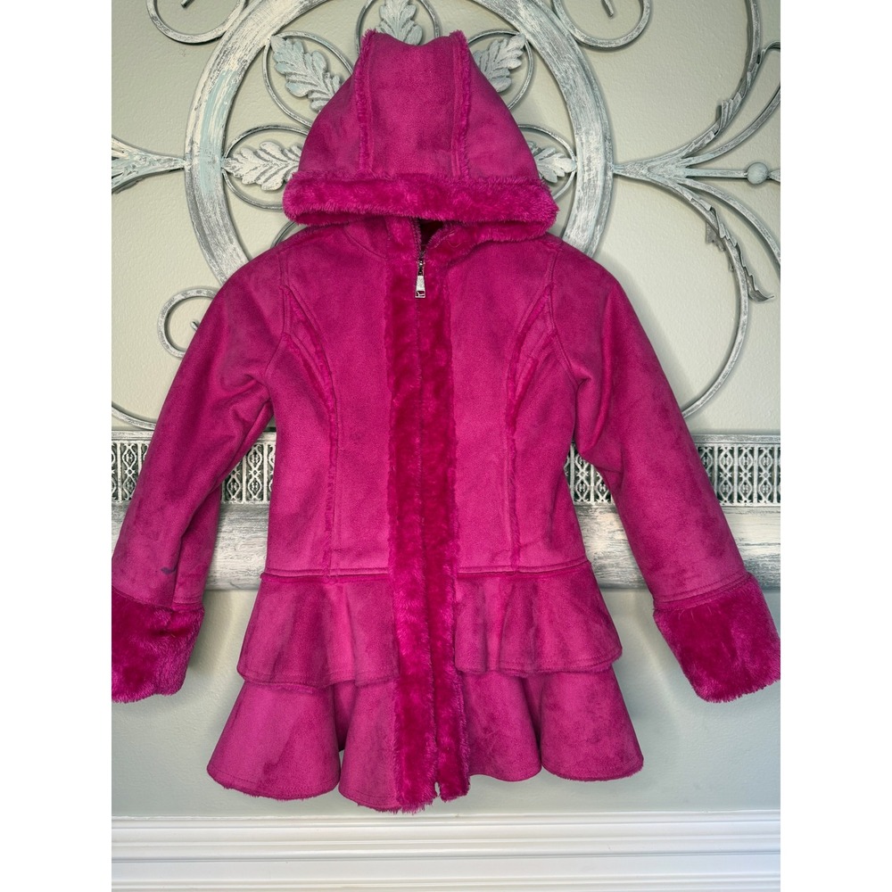 Hawke & Co Kids Girls Hot Pink Faux Fur Suede Ruffle Hooded Jacket Size 7/8
